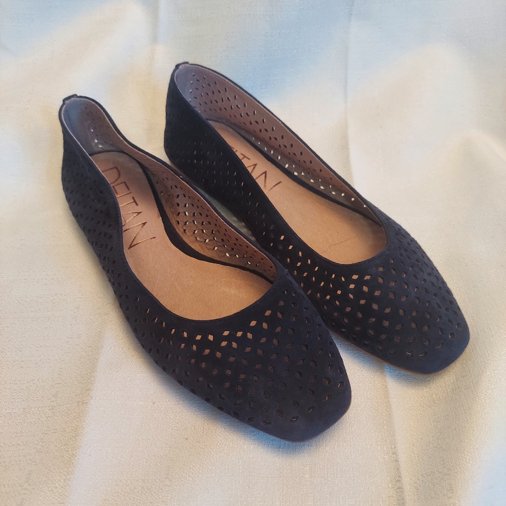 Deltan Navy Blue Mesh Suede Business Flat Loafers Closed Toe Square Size 7M